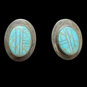 Vintage Ella Peter Oval Sterling Silver & Turquoise Inlay Earrings Pierced Ears